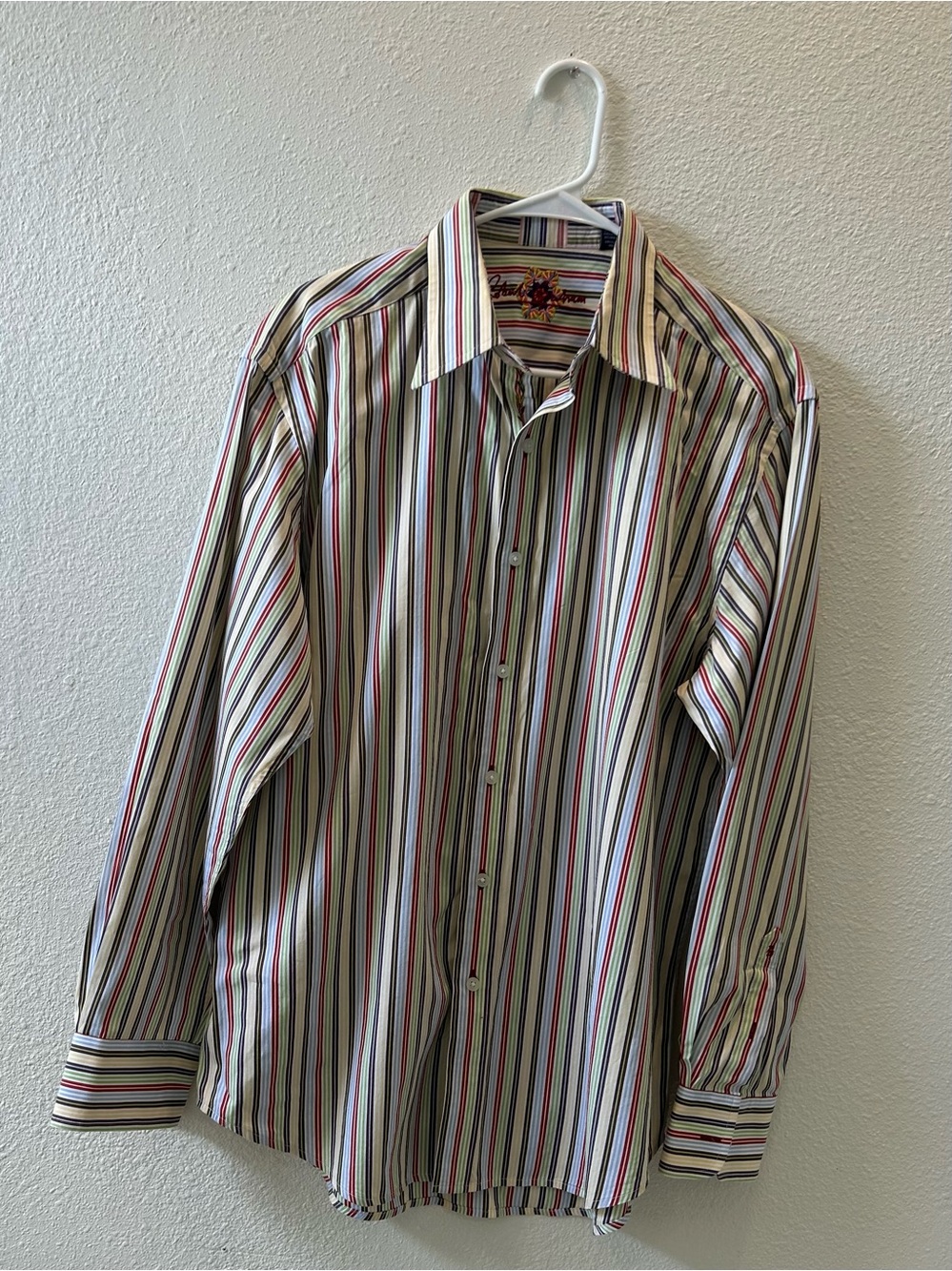 Robert Graham White Button-Up Shirt with Multicolor Vertical Stripes